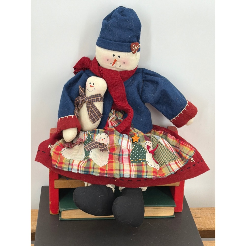 Primitive Snowman Doll Handmade Rustic Winter Decor Blue Jacket Plaid Apron 15in